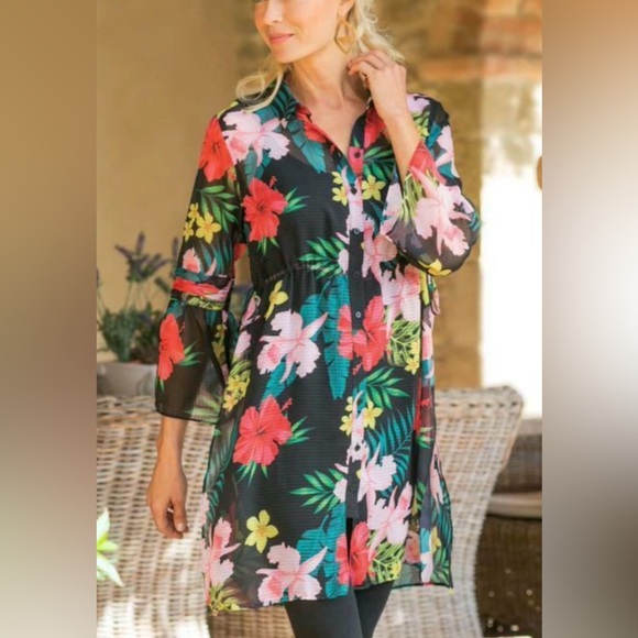 Soft Surroundings Tops - Soft Surroundings Tropical Moonlight Sheer Blouse Top Black Floral Bell PL